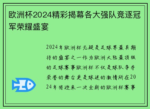 欧洲杯2024精彩揭幕各大强队竞逐冠军荣耀盛宴 欧洲杯2024精彩揭幕各大强队竞逐冠军荣耀盛宴