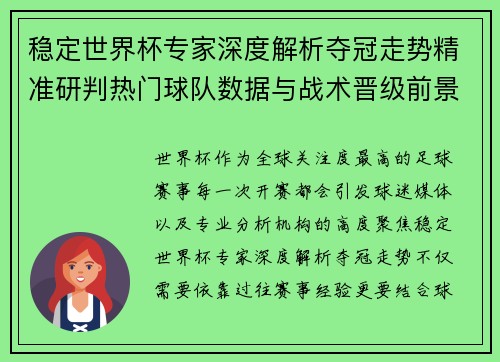 稳定世界杯专家深度解析夺冠走势精准研判热门球队数据与战术晋级前景 稳定世界杯专家深度解析夺冠走势精准研判热门球队数据与战术晋级前景